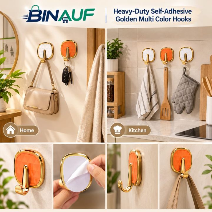 Heavy-Duty Self-Adhesive Golden Multi-Color Hooks | Wall Hooks for Home & Kitchen