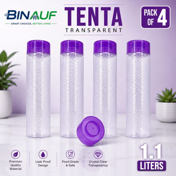 TENTA 1.1L Transparent Fridge Water Bottle Bundle | 1100ml BPA-Free PET Plastic Refrigerator Jugs