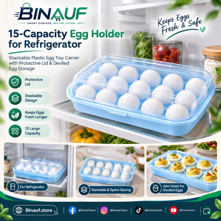 15-Capacity Egg Holder for Refrigerator | Stackable Plastic Egg Tray Carrier with Lid