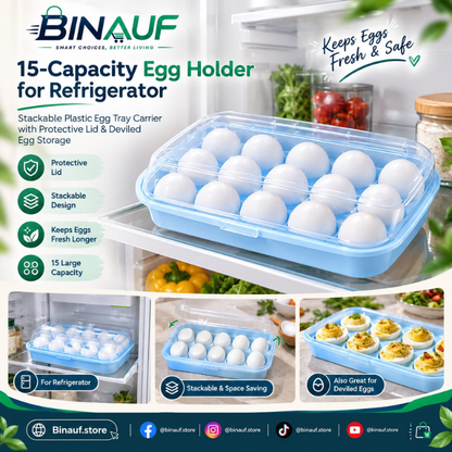 15-Capacity Egg Holder for Refrigerator | Stackable Plastic Egg Tray Carrier with Lid