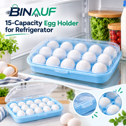 15-Capacity Egg Holder for Refrigerator | Stackable Plastic Egg Tray Carrier with Lid