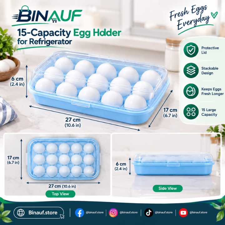 15-Capacity Egg Holder for Refrigerator | Stackable Plastic Egg Tray Carrier with Lid