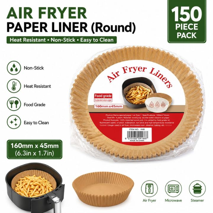 Round air fryer paper liners in a 150-piece pack, shown in their clear plastic packaging with a red and white label. The image includes illustrations of the brown paper liner, a black air fryer basket with fries, and various cooking icons highlighting features like non-stick, heat resistant, food grade, and easy to clean.
