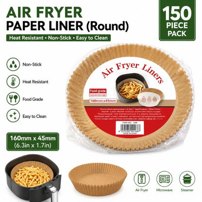 Round air fryer paper liners in a 150-piece pack, shown in their clear plastic packaging with a red and white label. The image includes illustrations of the brown paper liner, a black air fryer basket with fries, and various cooking icons highlighting features like non-stick, heat resistant, food grade, and easy to clean.