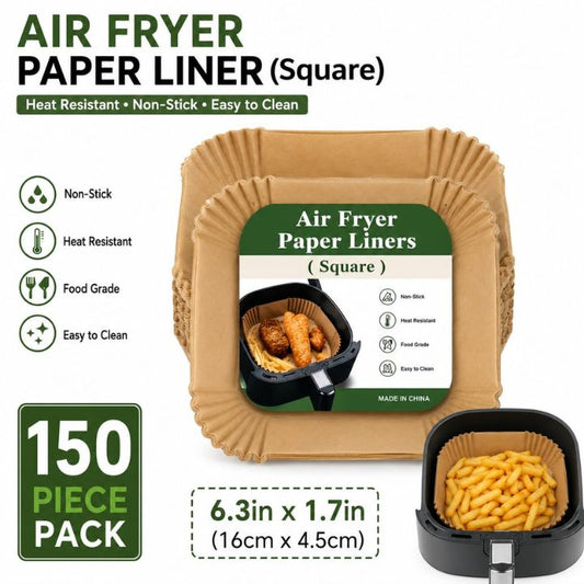 Square air fryer paper liner packaging shown on a white background with product text, icons for non-stick, heat resistant, food grade, and easy to clean, a 150 piece pack badge, dimensions, and a small example of the liner inside an air fryer basket.