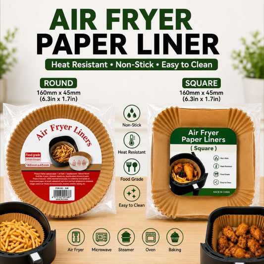 Air fryer paper liner set shown in round and square sizes with product packaging, usage icons, and sample fried food results on a clean light background.