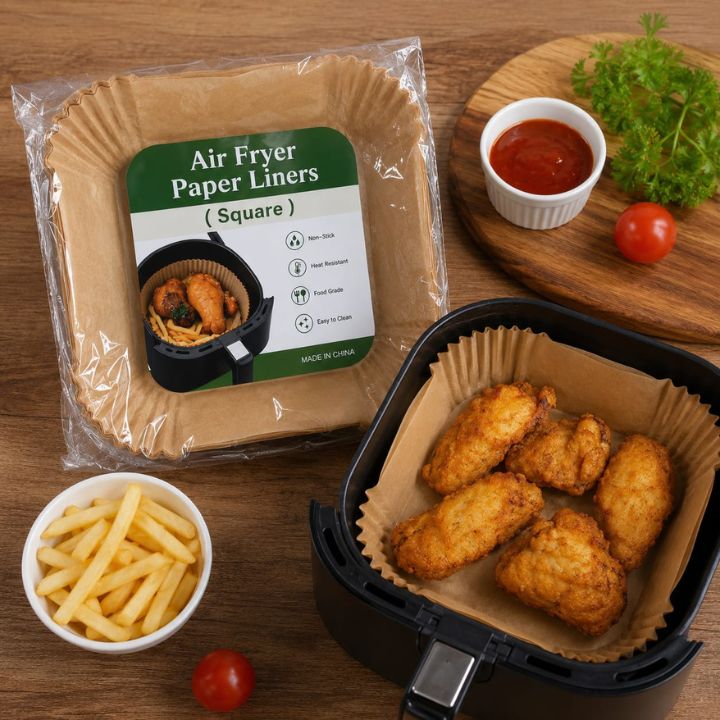 Packaged square air fryer paper liners shown next to an air fryer basket with golden fried wings on the liner, plus fries, ketchup, and herbs on a wooden table.