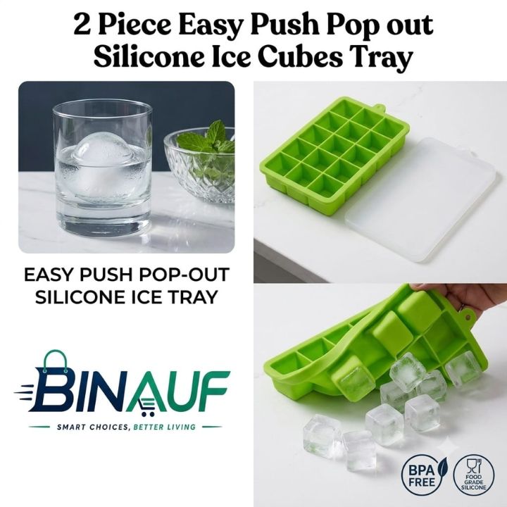 Easy Push Pop-Out Silicone Ice Cube Tray with Lid | 15 Square Flexible Ice Mold (BPA-Free)