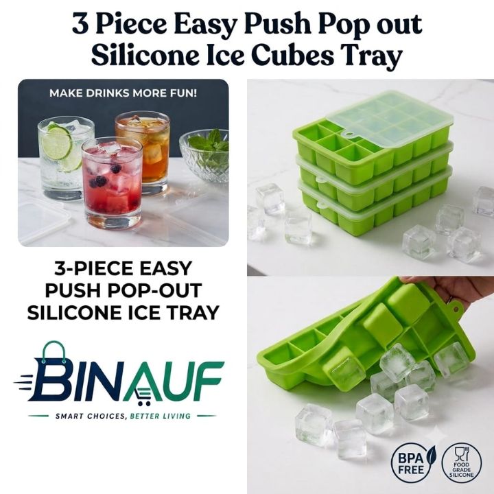 Easy Push Pop-Out Silicone Ice Cube Tray with Lid | 15 Square Flexible Ice Mold (BPA-Free)