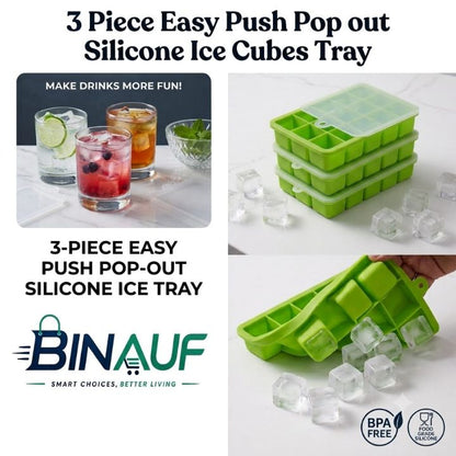Easy Push Pop-Out Silicone Ice Cube Tray with Lid | 15 Square Flexible Ice Mold (BPA-Free)