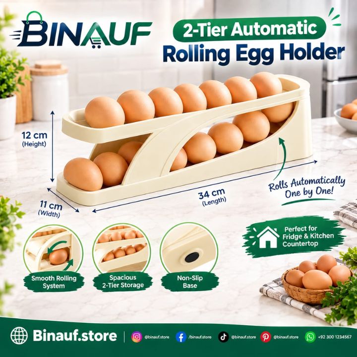 2-Tier Automatic Rolling Egg Holder | Space-Saving Refrigerator Organizer