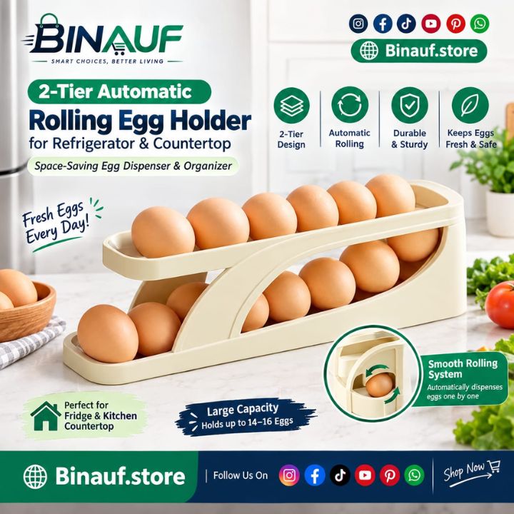 2-Tier Automatic Rolling Egg Holder | Space-Saving Refrigerator Organizer
