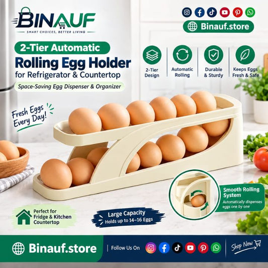 2-Tier Automatic Rolling Egg Holder | Space-Saving Refrigerator Organizer