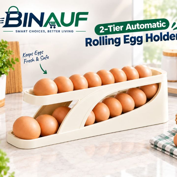 2-Tier Automatic Rolling Egg Holder | Space-Saving Refrigerator Organizer