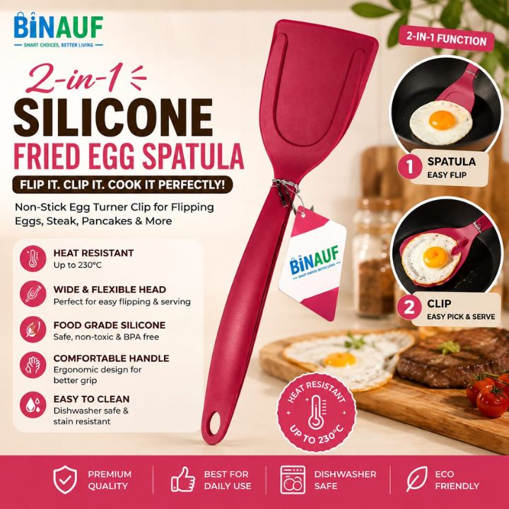 Binauf 2-in-1 silicone fried egg spatula in a deep pink color, shown with product features, usage tips, and cooking demonstration images on a warm beige background.