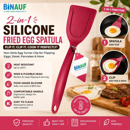 Binauf 2-in-1 silicone fried egg spatula in a deep pink color, shown with product features, usage tips, and cooking demonstration images on a warm beige background.