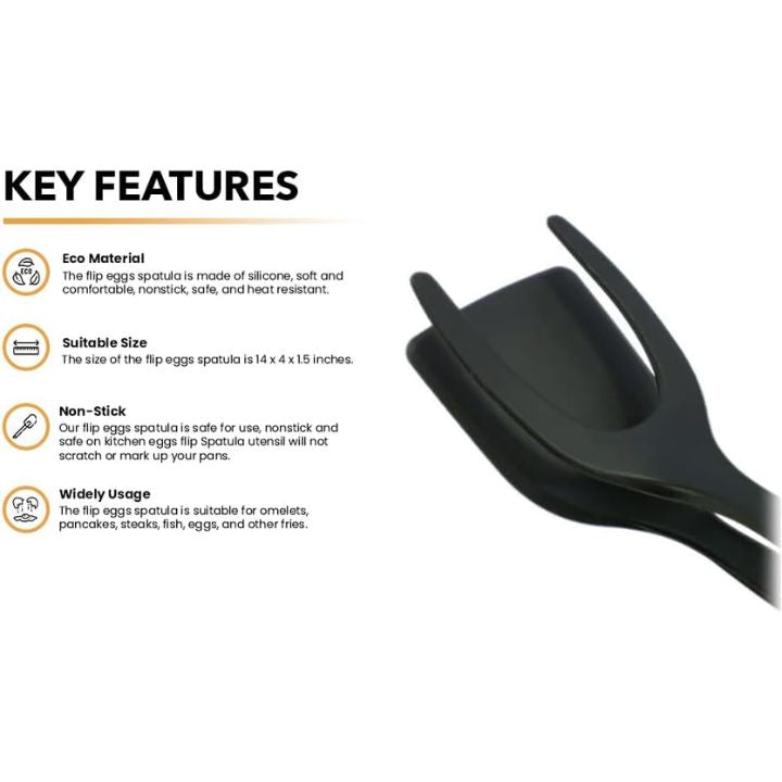 A black silicone flip-flop spatula shown on a white background next to a 'KEY FEATURES' text panel describing its eco-friendly, non-stick, and suitable size qualities.
