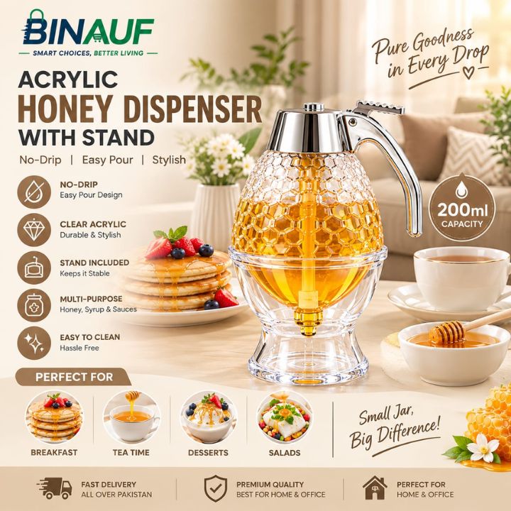 200ml Acrylic Honey Dispenser with Stand | No-Drip Syrup Jar for Breakfast, Tea Time & Desserts
