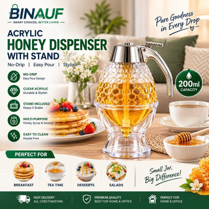 200ml Acrylic Honey Dispenser with Stand | No-Drip Syrup Jar for Breakfast, Tea Time & Desserts