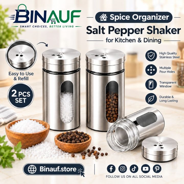 2 Pcs Stainless Steel Seasoning Shaker Set | Salt & Pepper Dispenser