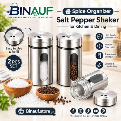 2 Pcs Stainless Steel Seasoning Shaker Set | Salt & Pepper Dispenser