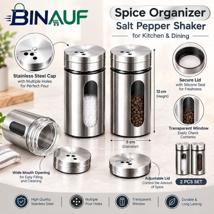 2 Pcs Stainless Steel Seasoning Shaker Set | Salt & Pepper Dispenser