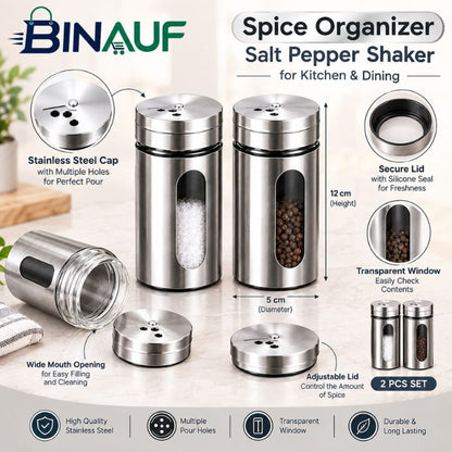 2 Pcs Stainless Steel Seasoning Shaker Set | Salt & Pepper Dispenser