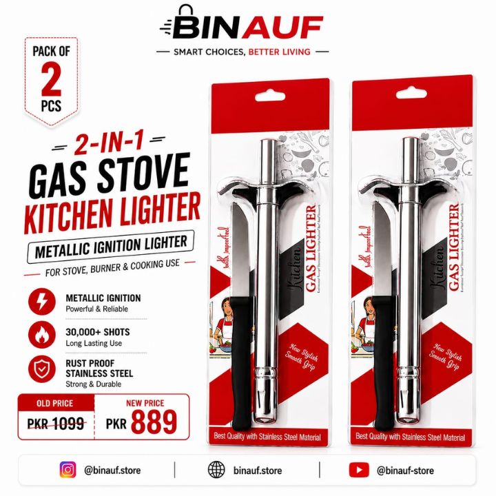 2 Pcs Gas Stove Lighter & Stainless Steel Knife Set | Metallic Ignition Lighter for Kitchen Burners