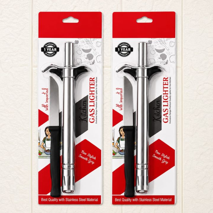 2 Pcs Gas Stove Lighter & Stainless Steel Knife Set | Metallic Ignition Lighter for Kitchen Burners