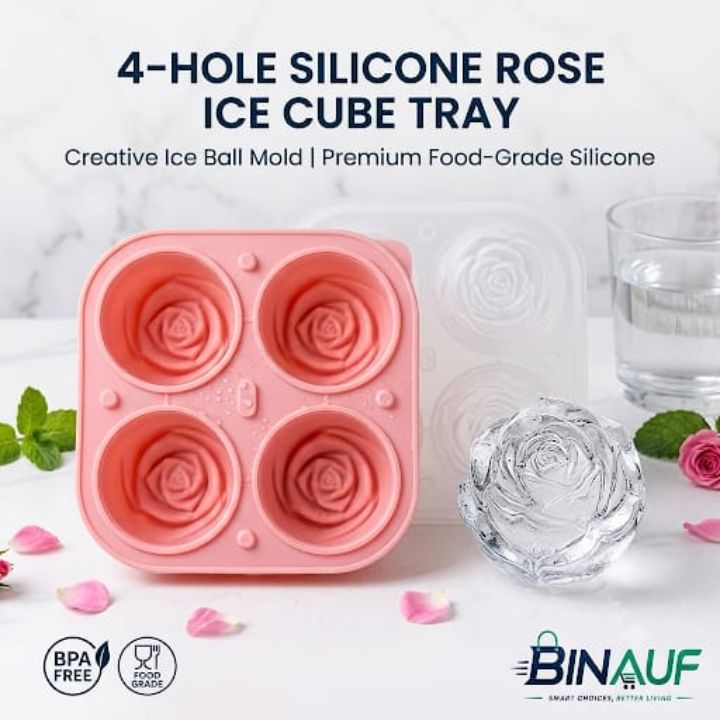4-Hole Silicone Rose Ice Cube Tray | 3D Rose Flower Ice Mold for Cocktails, Drinks & Desserts