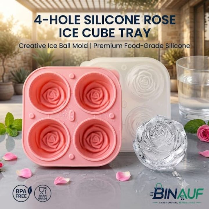 4-Hole Silicone Rose Ice Cube Tray | 3D Rose Flower Ice Mold for Cocktails, Drinks & Desserts