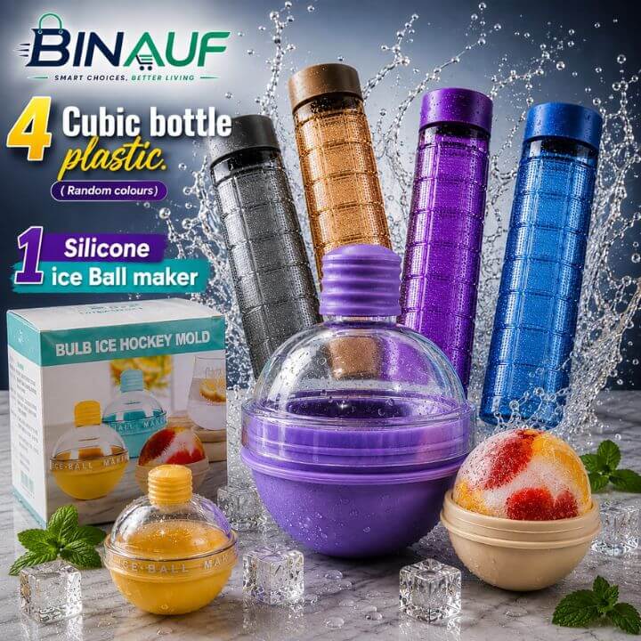 4-Pack Cubic Plastic Water Bottles & Silicone Bulb Ice Ball Maker Bundle