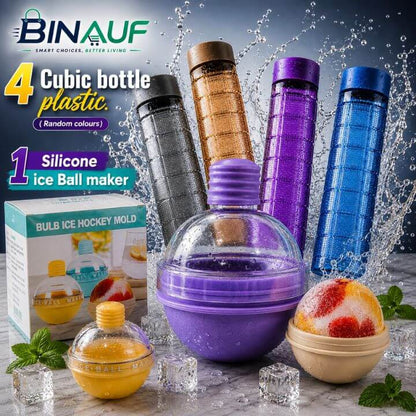 4-Pack Cubic Plastic Water Bottles & Silicone Bulb Ice Ball Maker Bundle