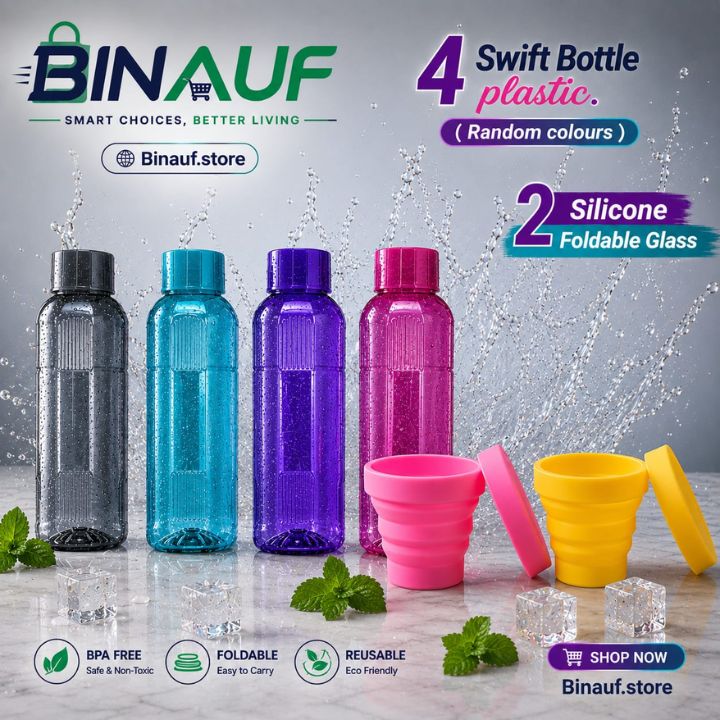 4-Pack Swift Plastic Water Bottles & 2-Pack Silicone Foldable Travel Cups Bundle