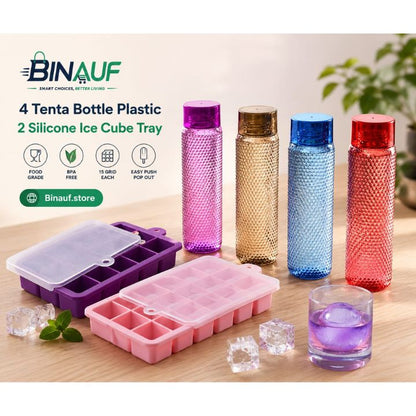 4-Pack Tenta Plastic Water Bottles & 2-Pack Silicone Ice Cube Trays Bundle