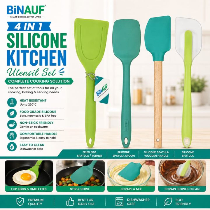 4-in-1 Silicone Kitchen Utensil Set | Non-Stick Heat-Resistant Spatulas, Turner & Spoon Set