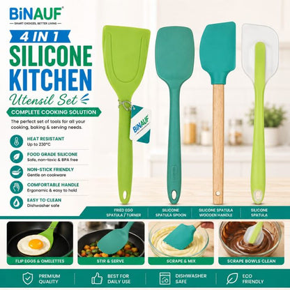 4-in-1 Silicone Kitchen Utensil Set | Non-Stick Heat-Resistant Spatulas, Turner & Spoon Set