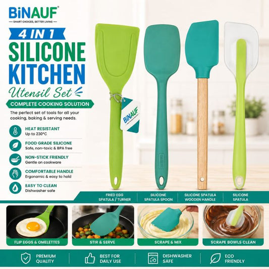 4-in-1 Silicone Kitchen Utensil Set | Non-Stick Heat-Resistant Spatulas, Turner & Spoon Set