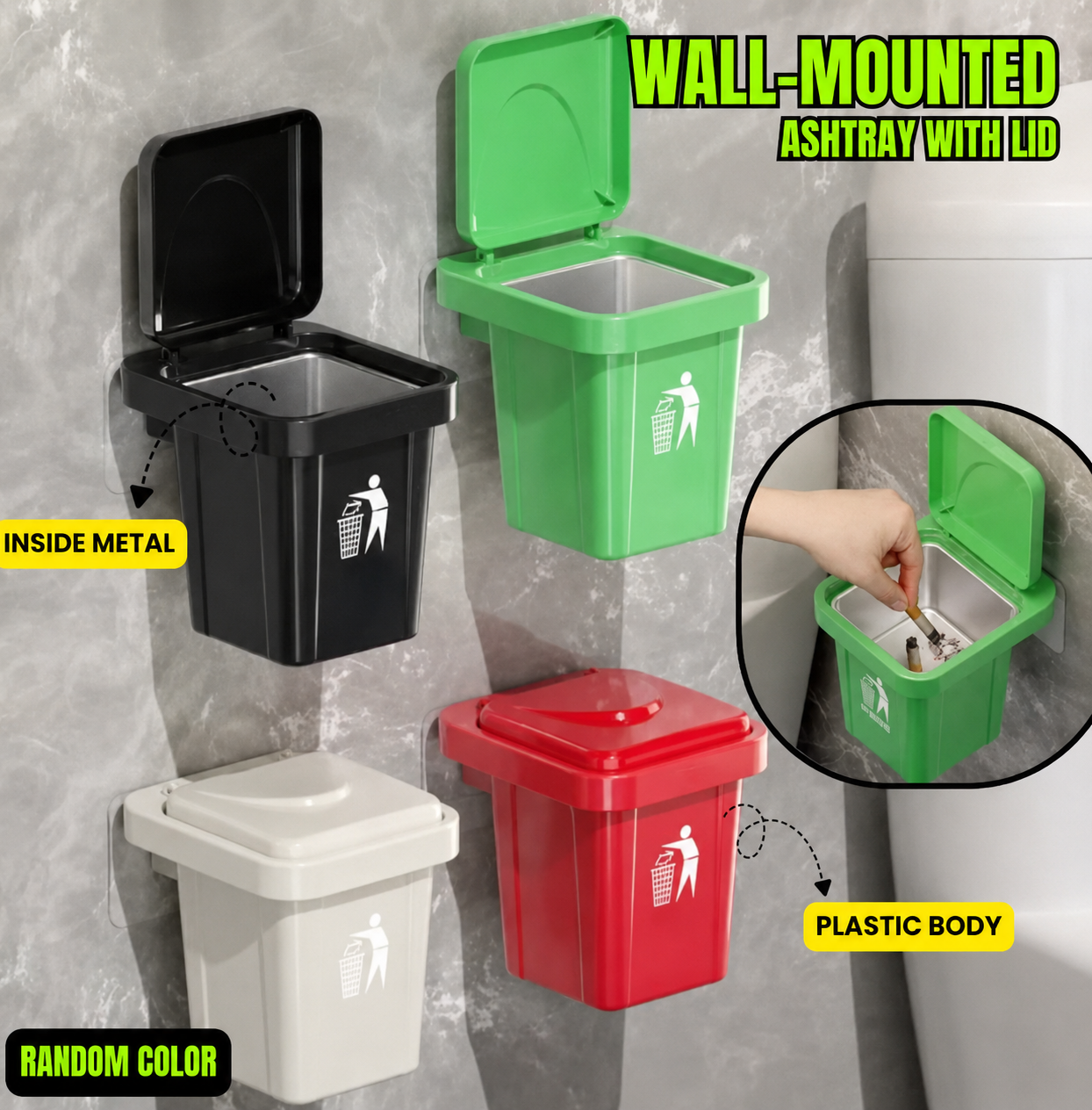 Wall-Mounted Stainless Steel Ashtray with Lid | Windproof Outdoor & Indoor Cigarette Waste Receptacle