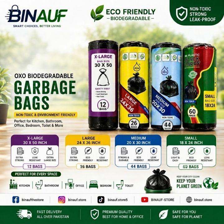 A promotional infographic for Binauf biodegradable plastic garbage bags, showing four sample bags in X-Large, Large, Medium, and Small sizes with color options, along with quantity counts and usage suggestions.