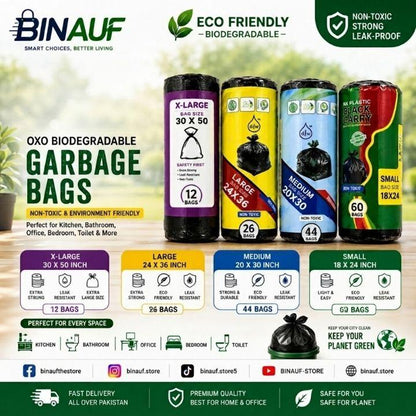 A promotional infographic for Binauf biodegradable plastic garbage bags, showing four sample bags in X-Large, Large, Medium, and Small sizes with color options, along with quantity counts and usage suggestions.