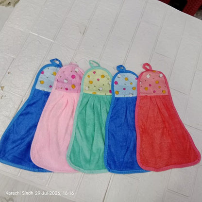 Five small hand towels in assorted colors (blue, pink, mint green, and coral red) arranged in a fan shape on a white textured surface. Each towel features a small hanging loop at the top and a decorative patterned panel near the top edge.