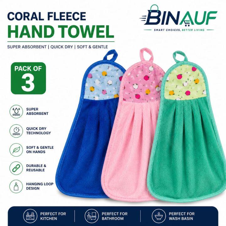 Three reusable coral fleece hand towels by Binauf shown on a white promotional background. The pack contains three sizes: a blue towel with a light blue floral patterned top, a pink towel with a yellow floral patterned top, and a green towel with a pink floral patterned top.