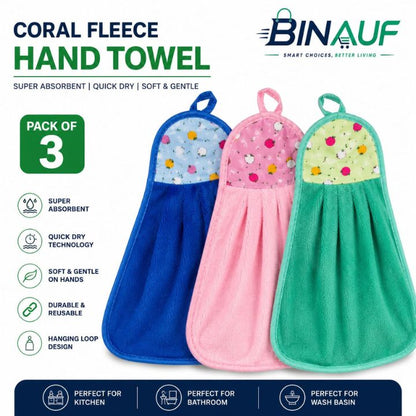 Three reusable coral fleece hand towels by Binauf shown on a white promotional background. The pack contains three sizes: a blue towel with a light blue floral patterned top, a pink towel with a yellow floral patterned top, and a green towel with a pink floral patterned top.