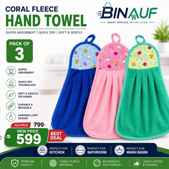 Three Binauf coral fleece hand towels in blue, pink, and green are displayed on a white kitchen background with promotional text and price details.