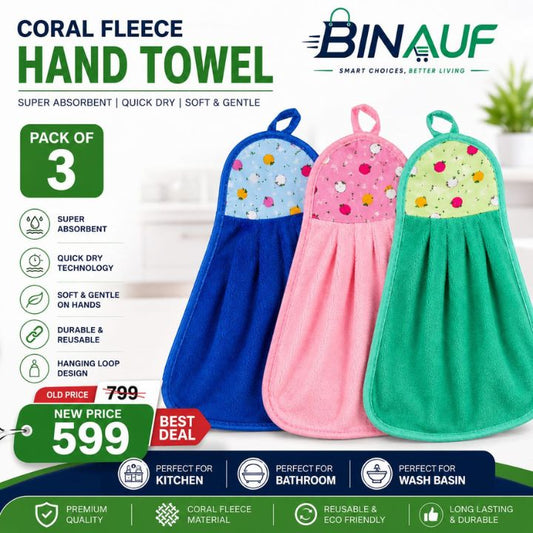 Three Binauf coral fleece hand towels in blue, pink, and green are displayed on a white kitchen background with promotional text and price details.