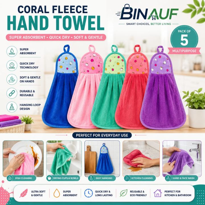 A promotional graphic for a pack of five Binaauf Coral Fleece hand towels in multiple colors: blue, pink, green, orange, and purple. The image features the product hanging on hooks in a kitchen setting, along with text highlighting its super absorbent, quick dry, and soft gentle properties, and a section showing five lifestyle use cases.