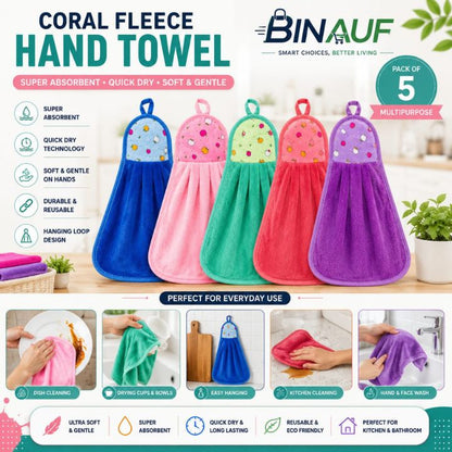 A promotional graphic for a pack of five Binaauf Coral Fleece hand towels in multiple colors: blue, pink, green, orange, and purple. The image features the product hanging on hooks in a kitchen setting, along with text highlighting its super absorbent, quick dry, and soft gentle properties, and a section showing five lifestyle use cases.