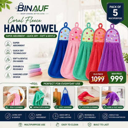 A promotional graphic for Binauf Coral Fleece Hand Towels showing five colorful hand towels in blue, pink, green, red, and purple, with text highlighting features like super absorbent, quick dry, soft and gentle on hands, and reusable. The image includes a 'Pack of 5 Multipurpose' badge and usage examples at the bottom.