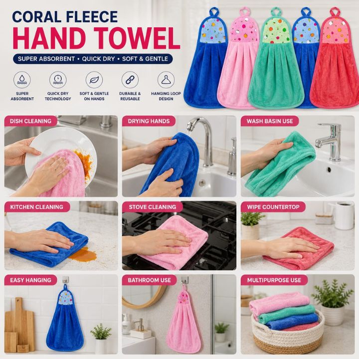 A promotional collage for a set of colorful fleece hand towels. The top section shows five hanging towels in blue, pink, green, light blue, and coral, with marketing text.